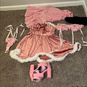 Elegant Pink Satin Mini Dress with Faux Fur Trim